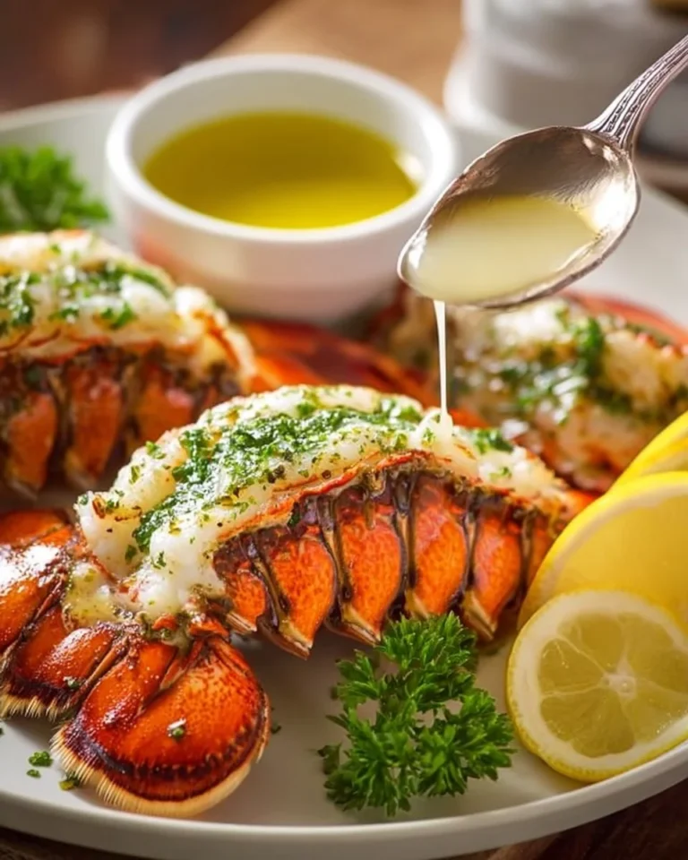 Delicious grilled lobster tail served with lemon and herbs on a plate.