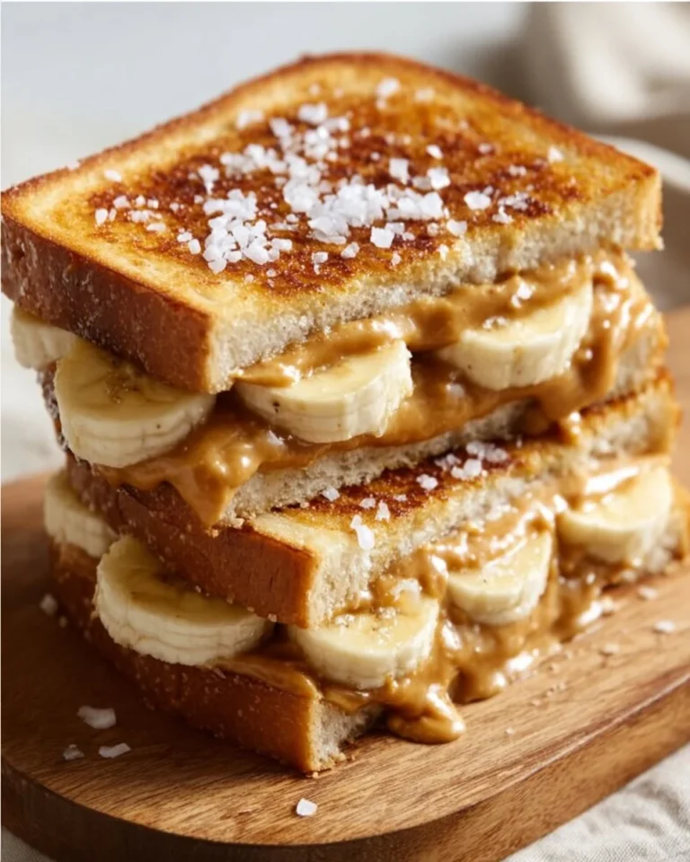 Grilled peanut butter banana sandwich on a plate with fresh bananas