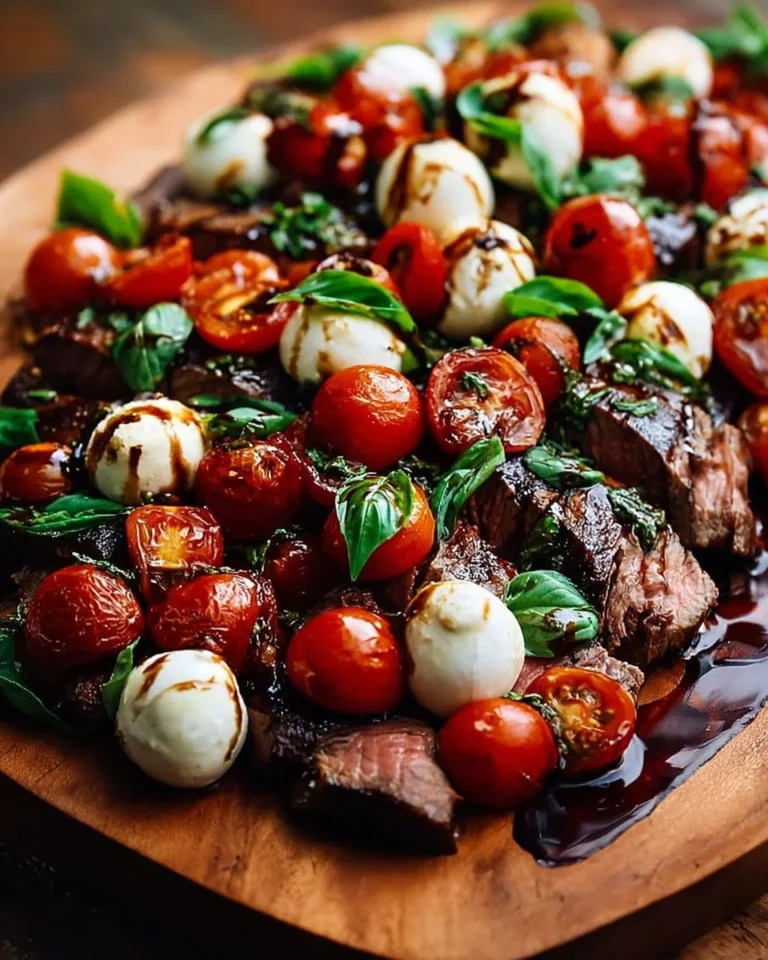Grilled Steak Caprese topped with fresh basil and balsamic reduction