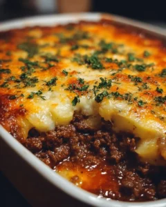 Savory ground beef casserole topped with cheese and vegetables in a baking dish