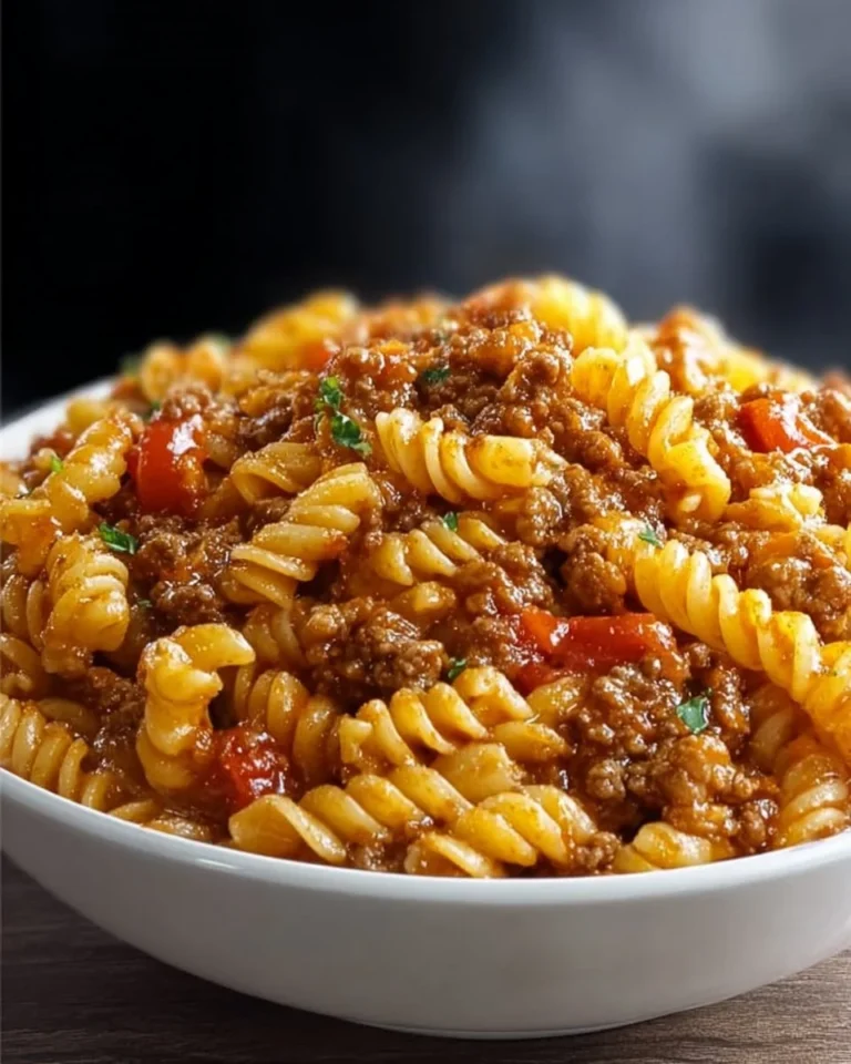 Plate of Ground Beef Macaroni Delight with cheese and herbs