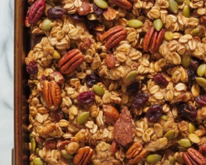 Healthy homemade granola recipe with oats, nuts, and dried fruits.