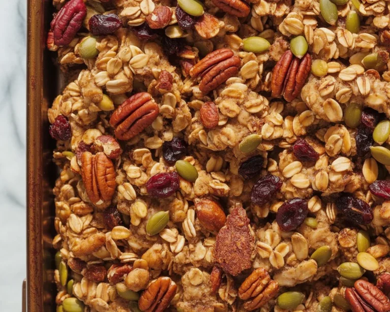 Healthy homemade granola recipe with oats, nuts, and dried fruits.
