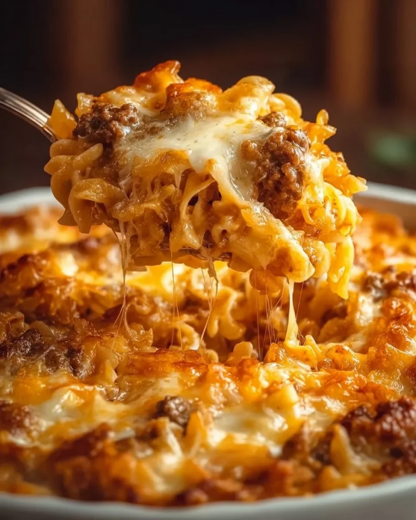 Hearty Amish Country Casserole topped with ground beef and noodles dish