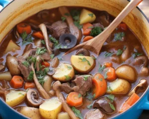 Delicious lamb stew with tender meat and vegetables in a savory broth
