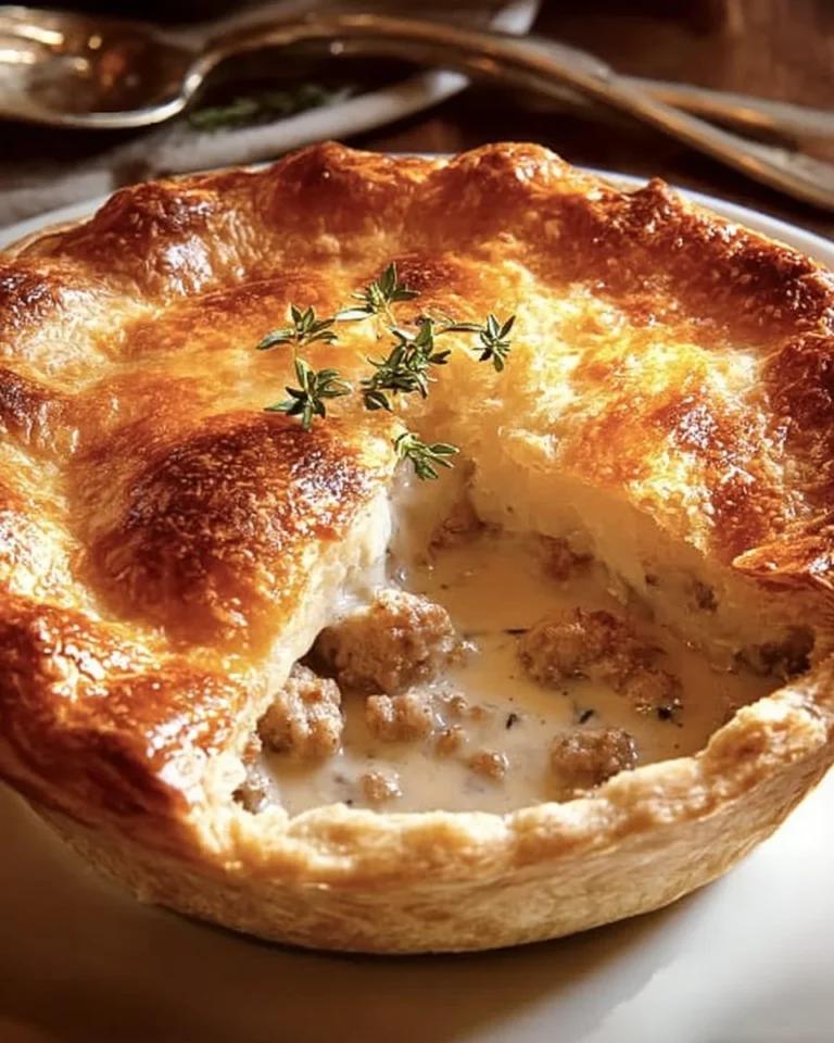 Hearty sausage biscuit pie served on a plate with a golden crust and sausage filling