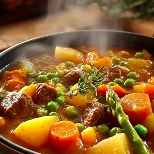 Bowl of hearty vegetable beef soup with fresh vegetables and tender beef.