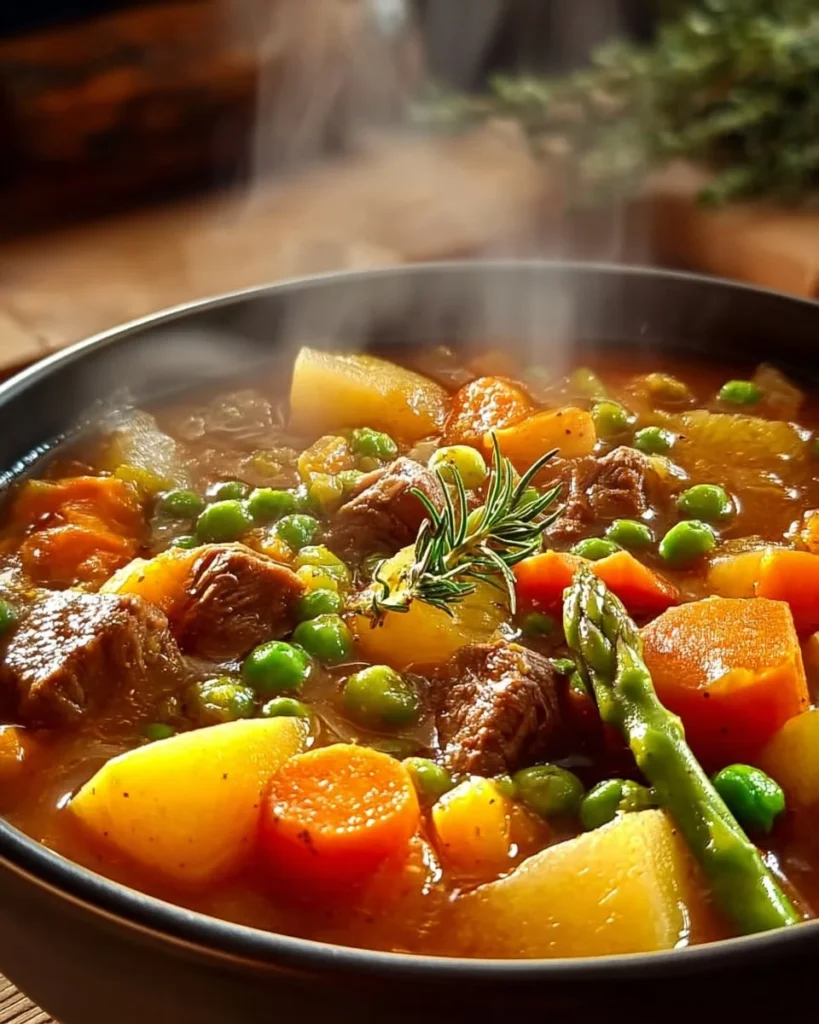 Bowl of hearty vegetable beef soup with fresh vegetables and tender beef.