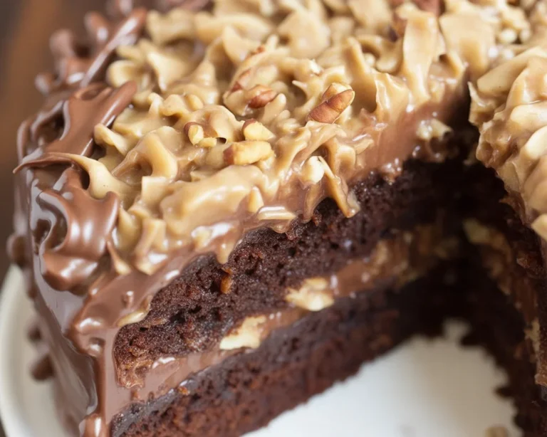 Delicious slice of homemade German chocolate cake with coconut pecan frosting.