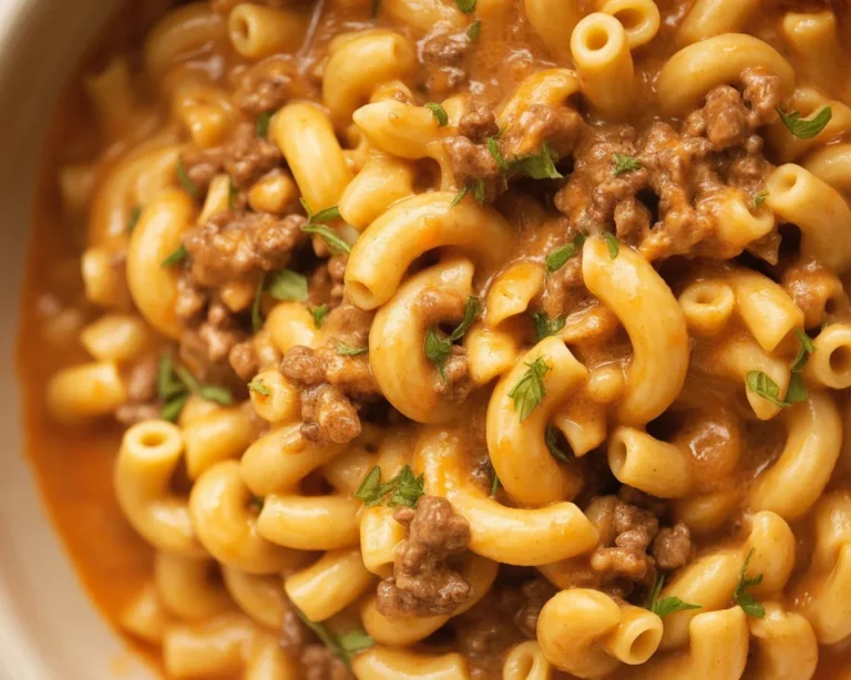 Delicious homemade Hamburger Helper with ground beef and macaroni in cheesy sauce