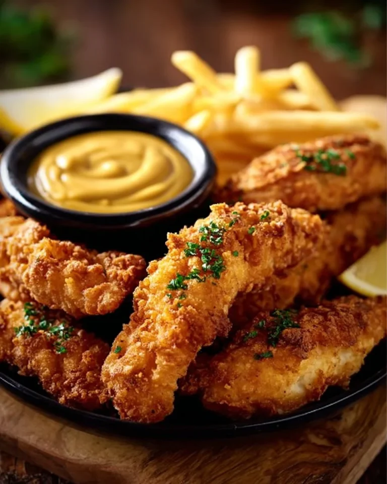 Homemade Raising Cane's chicken tenders and dipping sauce on a plate