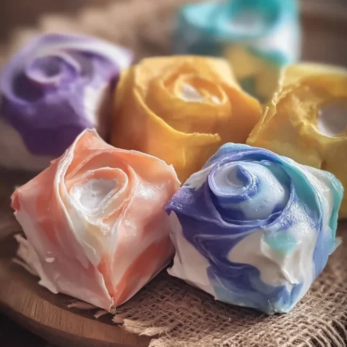 Homemade saltwater taffy rolls on a wooden surface