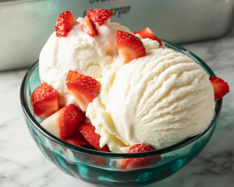 Delicious homemade ice cream made with cream, milk, sugar, and vanilla ingredients.