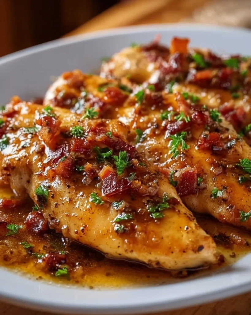 Delicious Honey Garlic Bacon Chicken served on a plate, garnished with herbs.