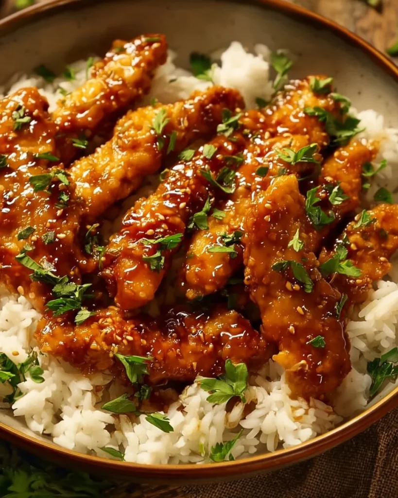 Honey Garlic Glazed Chicken Strips served on a plate