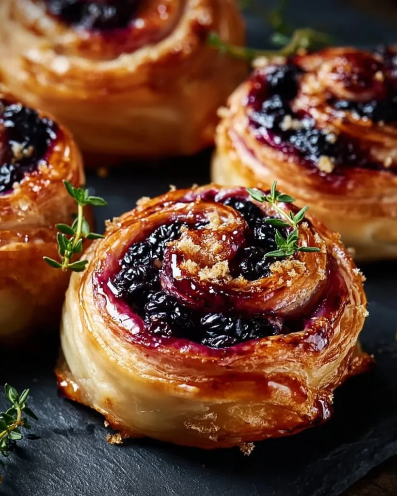 Honeyed Brie-Blackberry Puff Pastry Swirls served on a wooden platter