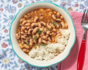 Delicious bowl of traditional Hoppin' John made with black-eyed peas and rice.