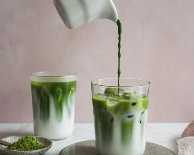 Homemade matcha latte made with matcha powder and almond milk