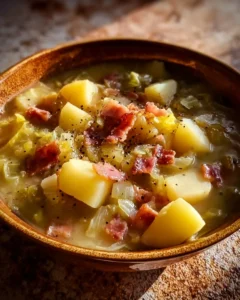 Bowl of Irish bacon cabbage potato soup topped with fresh herbs.