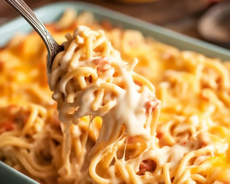 Creamy Southern Chicken Spaghetti Casserole with cheese and Rotel tomatoes.