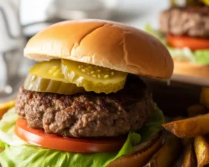 Juicy homemade beef burger patty ready for grilling, featuring fresh ingredients.