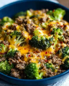 Keto Hamburger and Broccoli Skillet served in a bowl with fresh herbs.