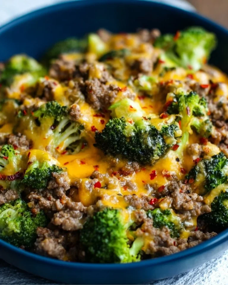 Keto Hamburger and Broccoli Skillet served in a bowl with fresh herbs.