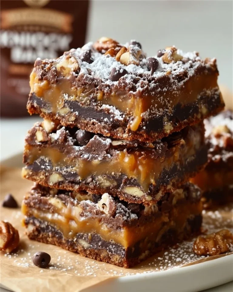 Delicious Knock You Naked Bars with layers of caramel and chocolate
