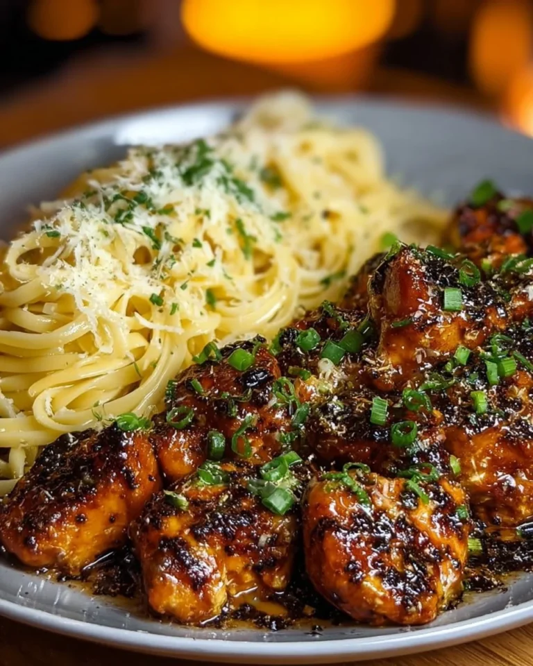 Lemon garlic butter chicken served with creamy parmesan linguine on a plate