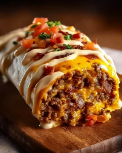 Loaded Bacon Cheeseburger Burrito with creamy cheese sauce topping