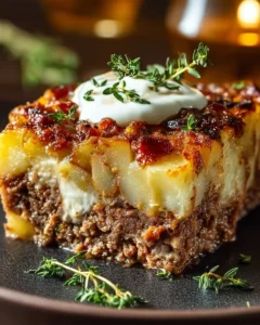 Loaded Potato Meatloaf Casserole topped with cheese and herbs in a baking dish.