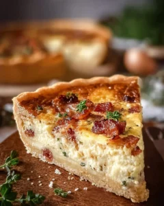 Delicious Lorraine-Style Quiche with bacon and cheese on a rustic table.