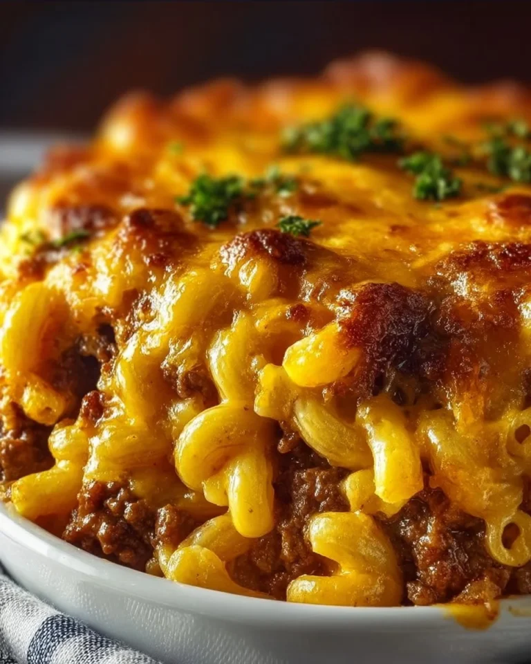 Delicious Mac and Cheese Meatloaf Casserole topped with melted cheese