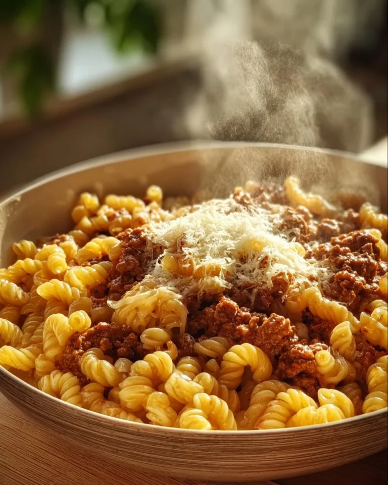 Delicious plate of macaroni with minced meat, garnished and ready to serve.