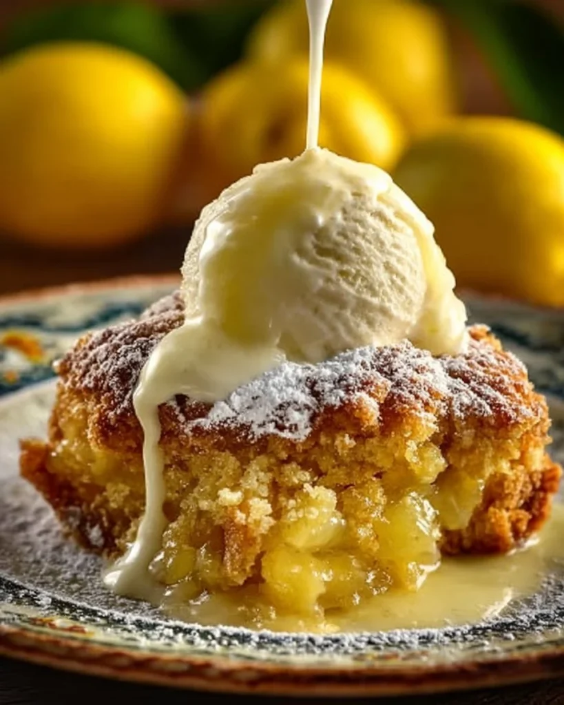 Delicious Magic Lemon Cobbler with a golden crust and lemon filling