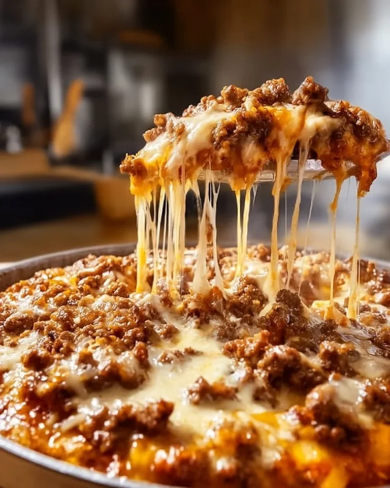 A delicious Meat Lovers Pizza Casserole topped with various meats and cheese.