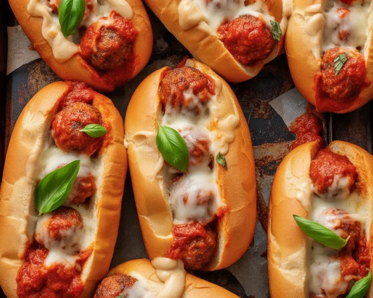 Delicious homemade meatball sub sandwich with marinara sauce and melted cheese