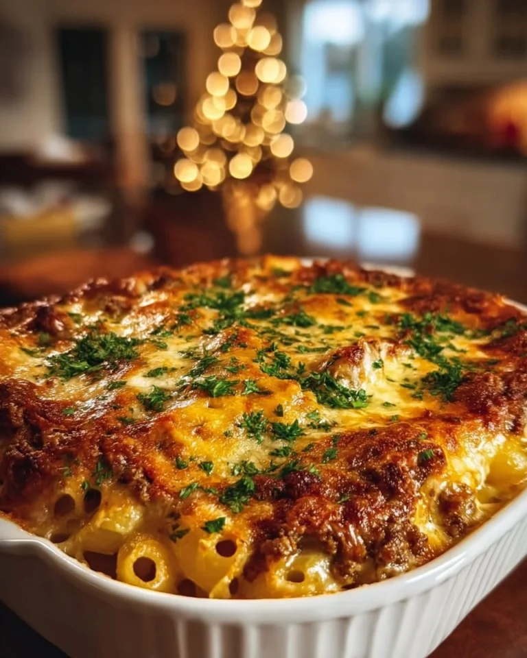 Meatloaf and Cheddar Shells Casserole ready to serve