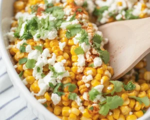 Delicious Mexican street corn topped with mayo, cotija cheese, and chili seasoning.