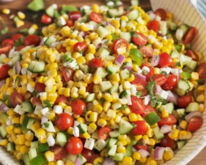 Fresh corn salad with tomatoes, cucumbers, and a tangy dressing - perfect summer dish.
