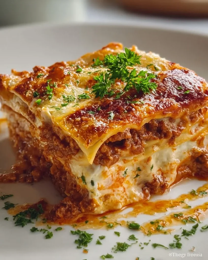 Delicious slice of Million Dollar Lasagna served on a plate with fresh herbs