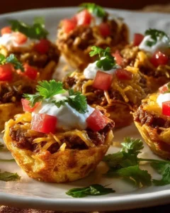 Mini taco cupcakes topped with cheese and cilantro on a display