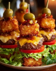 Mini Tater Tot Cheeseburgers with melted cheese and crispy tots stacked together
