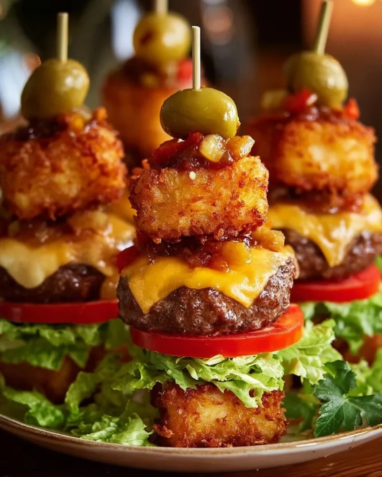 Mini Tater Tot Cheeseburgers with melted cheese and crispy tots stacked together