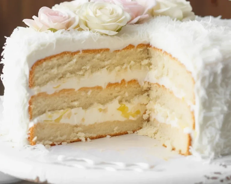 Delicious fluffy coconut cake with cream cheese frosting and shredded coconut on top.