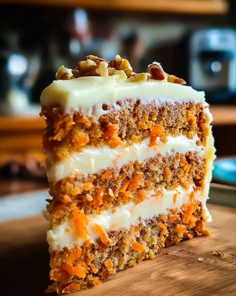 Slice of Mom's Legendary Carrot Cake topped with cream cheese frosting