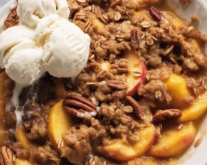 Delicious peach crisp with fresh peaches, cinnamon, and a crunchy topping.