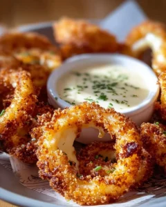 Mozzarella stick onion rings served on a platter with dipping sauce