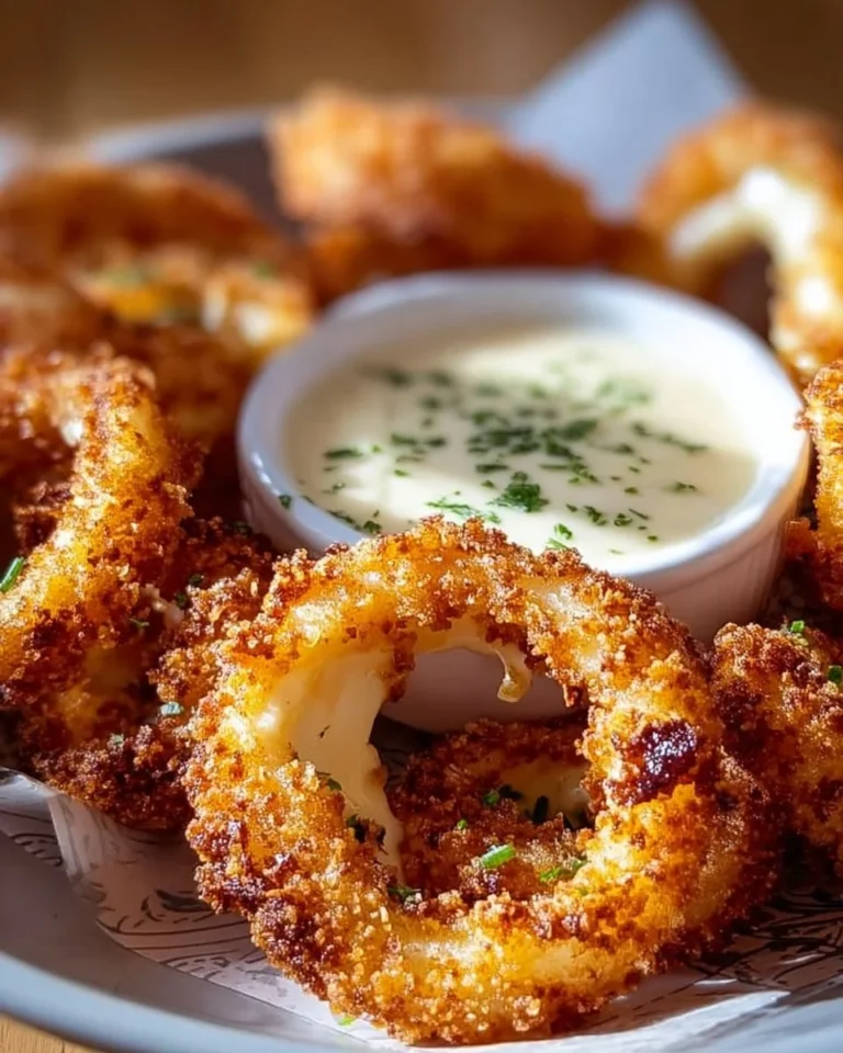 Mozzarella stick onion rings served on a platter with dipping sauce
