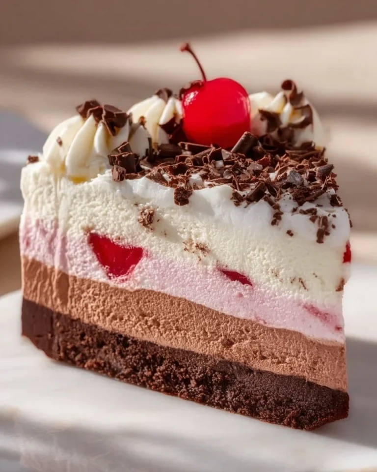 Delicious Neapolitan Ice Cream Cake with layers of chocolate, vanilla, and strawberry